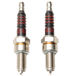 Two Drag Specialties Spark Plugs for Harley-Davidson M-8 and XG with gold-tone threaded bases and black ribbed upper sections with red bands.