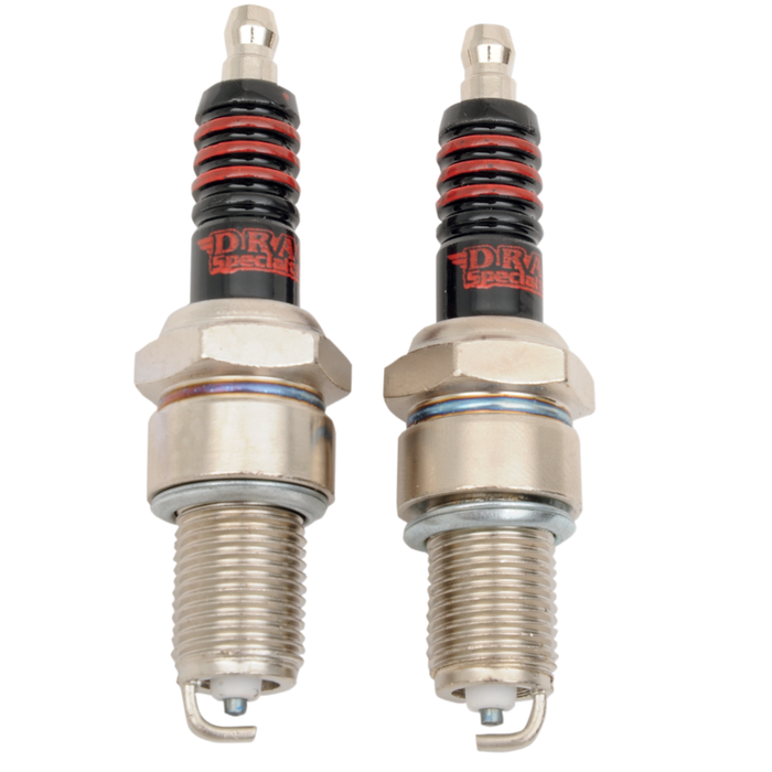 Two Drag Specialties Spark Plugs for Late Harley-Davidson Shovelhead and Evolution with black and red ribbed insulators and threaded metal bodies.