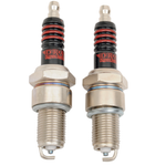 Two Drag Specialties Spark Plugs for Late Harley-Davidson Shovelhead and Evolution with black and red ribbed insulators and threaded metal bodies.
