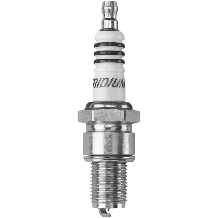 Two NGK Spark Plugs for Harley-Davidson Shovelhead and Evolution side by side, one white with blue text and one silver with the word “IRIDIUM” printed on the ceramic insulator.