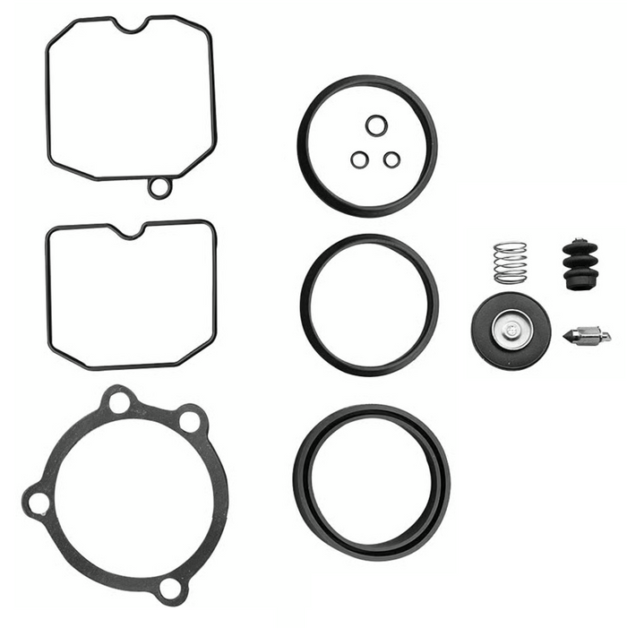 The Mid-USA Rebuild Kit for Harley-Davidson CV Carburetor by Mid-USA includes gaskets, o-rings, a spring, rubber boot, needle valve, and diaphragm displayed on a white background.