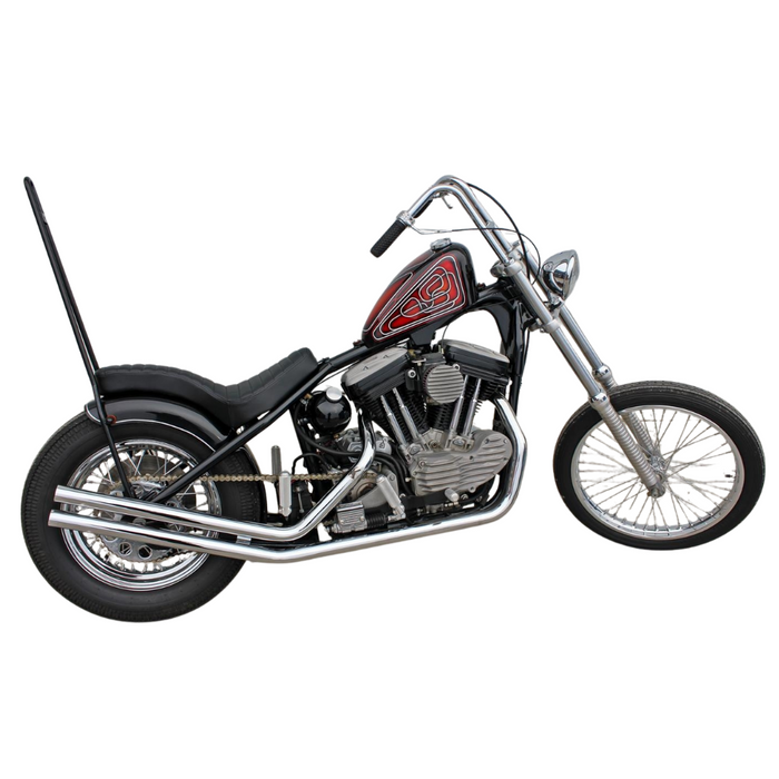 Two black, ribbed TC Bros. Cobra Hardtail Seats are shown, one installed on a motorcycle—ideal for Sportster hardtails or anyone wanting the classic look of a TC Bros. Cobra chopper seat.