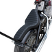 Two black, ribbed TC Bros. Cobra Hardtail Seats are shown, one installed on a motorcycle—ideal for Sportster hardtails or anyone wanting the classic look of a TC Bros. Cobra chopper seat.