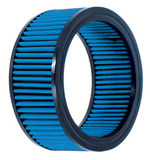 The Mid-USA High Flow Washable Air Cleaner Element for S&S Super E and Super G Teardrop, featuring blue pleated material and a black rubber frame, stands upright on a white background.