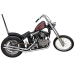 Two black, ribbed TC Bros. Cobra Hardtail Seats are shown, one installed on a motorcycle—ideal for Sportster hardtails or anyone wanting the classic look of a TC Bros. Cobra chopper seat.