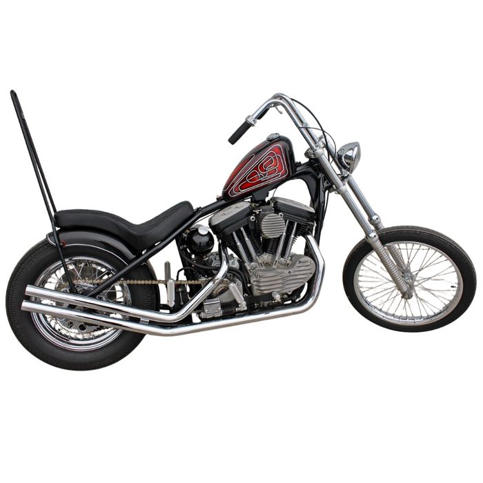 Two black, ribbed TC Bros. Cobra Hardtail Seats are shown, one installed on a motorcycle—ideal for Sportster hardtails or anyone wanting the classic look of a TC Bros. Cobra chopper seat.