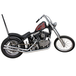 Two black, ribbed TC Bros. Cobra Hardtail Seats are shown, one installed on a motorcycle—ideal for Sportster hardtails or anyone wanting the classic look of a TC Bros. Cobra chopper seat.