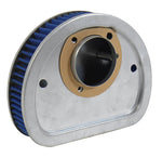The Mid-USA High Flow Washable Air Cleaner Element for Harley-Davidson Twin Cam features an oval metal design with blue pleated filter material and a central circular opening, engineered to boost performance in Twin Cam motorcycles. The product is shown against a white background.