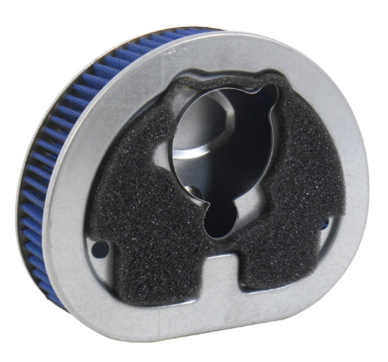 Oval-shaped Mid-USA High Flow Washable Air Cleaner Element for 1990-1999 Harley-Davidson Evolution Big Twin, featuring a blue pleated element with a central black foam insert on a metallic frame.
