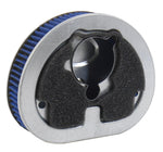 Oval-shaped Mid-USA High Flow Washable Air Cleaner Element for 1990-1999 Harley-Davidson Evolution Big Twin, featuring a blue pleated element with a central black foam insert on a metallic frame.