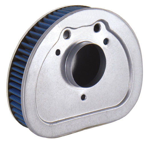 The Mid-USA High Flow Washable Air Filter for 2008-2013 Harley-Davidson Touring is a metal and blue filter with a central circular opening and mounting holes, designed for engine use.