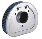 The Mid-USA High Flow Washable Air Filter for 2008-2013 Harley-Davidson Touring is a metal and blue filter with a central circular opening and mounting holes, designed for engine use.