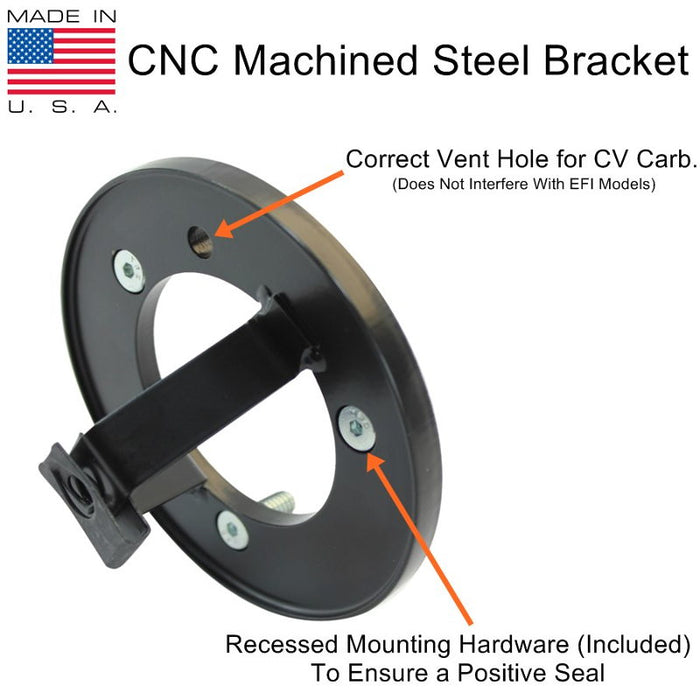 The TC Bros. Black Louvered Air Cleaner for HD CV Carbs & EFI by TC Bros. includes a black housing, cylindrical air filter, mounting plate, screws, and a star-shaped wrench, all displayed on a white background.