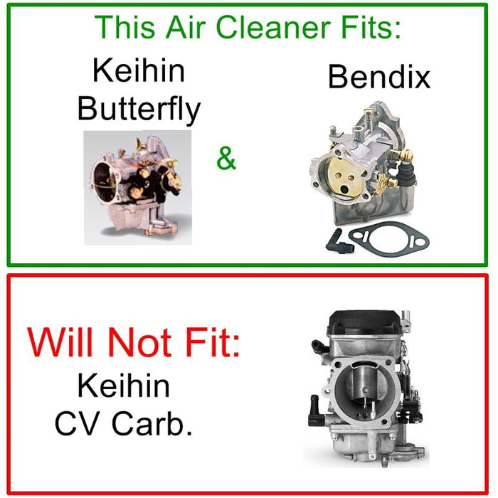 The TC Bros. Black Louvered Air Cleaner for Bendix Zenith & Keihin Butterfly Carbs is displayed with its various components, including housing, a washable cotton gauze filter element, screws, and a mounting bracket, all arranged neatly on a white background.