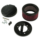 The TC Bros. Air Cleaner for Harley-Davidson Bendix, Zenith, and Keihin Butterfly Carburetors features red pleated fabric and a ribbed silver metal cap. This round cleaner by TC Bros. is shown against a white background.