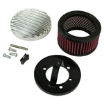The TC Bros. Air Cleaner for Harley-Davidson Bendix, Zenith, and Keihin Butterfly Carburetors features red pleated fabric and a ribbed silver metal cap. This round cleaner by TC Bros. is shown against a white background.