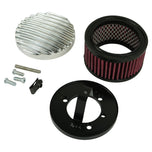 The TC Bros. Air Cleaner for Harley-Davidson Bendix, Zenith, and Keihin Butterfly Carburetors features red pleated fabric and a ribbed silver metal cap. This round cleaner by TC Bros. is shown against a white background.