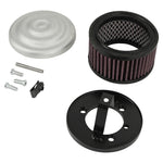 The TC Bros. Air Cleaner for Harley-Davidson Bendix, Zenith, and Keihin Butterfly Carburetors features red pleated fabric and a ribbed silver metal cap. This round cleaner by TC Bros. is shown against a white background.