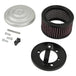 The TC Bros. Air Cleaner for Harley-Davidson Bendix, Zenith, and Keihin Butterfly Carburetors features red pleated fabric and a ribbed silver metal cap. This round cleaner by TC Bros. is shown against a white background.