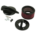 The TC Bros. Air Cleaner for Harley-Davidson Bendix, Zenith, and Keihin Butterfly Carburetors features red pleated fabric and a ribbed silver metal cap. This round cleaner by TC Bros. is shown against a white background.