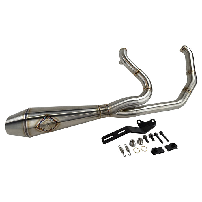 The SP Concepts Big Bore Exhaust M8 Softail 2018-Present - Stainless features polished stainless steel with visible welds and an engraved logo, designed for Monoshock Softail models, and is displayed on a gray work surface.