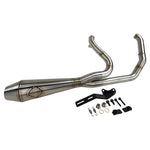 The SP Concepts Big Bore Exhaust M8 Softail 2018-Present - Stainless features polished stainless steel with visible welds and an engraved logo, designed for Monoshock Softail models, and is displayed on a gray work surface.