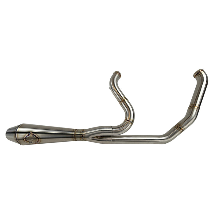 The SP Concepts Big Bore Exhaust M8 Softail 2018-Present - Stainless features polished stainless steel with visible welds and an engraved logo, designed for Monoshock Softail models, and is displayed on a gray work surface.