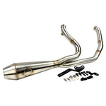 Upgrade your 2018-2024 Harley-Davidson Softail (with OEM Bags) with the SP Concepts Exhaust System—a stainless steel 2-into-1 exhaust complete with pipes, muffler, mounting brackets, and hardware kit from SP Concepts, all showcased on a white background.