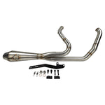 The SP Concepts Lane Splitter Exhaust for Harley Touring 2017-2025 - Black Onyx features dual pipes, a muffler, and mounting hardware—perfect for your Harley-Davidson Touring. Shown on a white background.