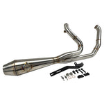 The SP Concepts Exhaust System for 2017-Up Harley-Davidson Touring features two metal pipes, one black and one polished silver, displayed on white. This 2-into-1 system by SP Concepts is perfect for your Harley Touring model.