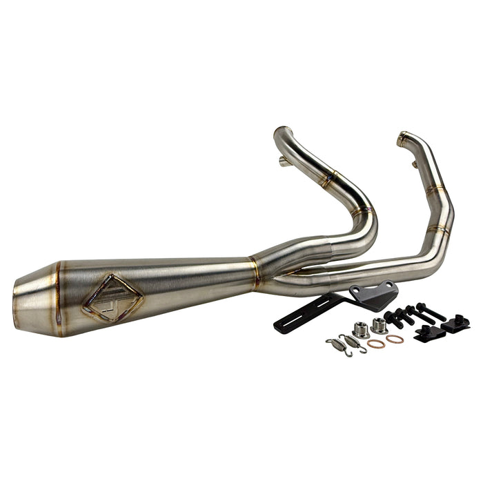 The SP Concepts Lane Splitter Exhaust for 2006-2017 Harley-Davidson Dyna features visible welds and a hexagonal logo plate, showcased on a workshop table.