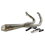 The SP Concepts Lane Splitter Exhaust for 2006-2017 Harley-Davidson Dyna features visible welds and a hexagonal logo plate, showcased on a workshop table.