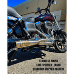 The SP Concepts Exhaust System for 2006-2017 Harley-Davidson Dyna, shown above as a 2-into-1 stainless steel kit with mounting hardware, is installed on a Dyna in the lower part of the image.