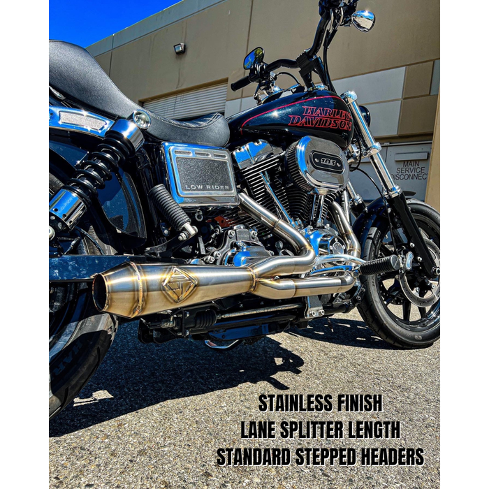The SP Concepts Exhaust System for 2006-2017 Harley-Davidson Dyna, shown above as a 2-into-1 stainless steel kit with mounting hardware, is installed on a Dyna in the lower part of the image.