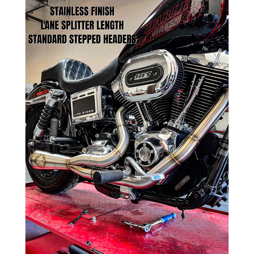 The SP Concepts Exhaust System for 2006-2017 Harley-Davidson Dyna, shown above as a 2-into-1 stainless steel kit with mounting hardware, is installed on a Dyna in the lower part of the image.