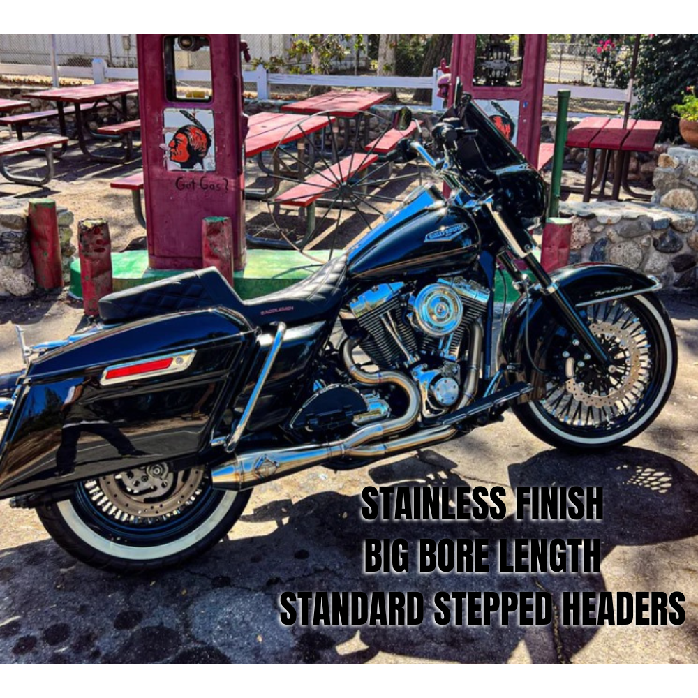 Four SP Concepts exhaust systems for 1996-2016 Harley-Davidson Touring bikes are shown, including a close-up of a stainless steel SP Concepts exhaust installed on a bike.