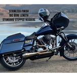 Four SP Concepts exhaust systems for 1996-2016 Harley-Davidson Touring bikes are shown, including a close-up of a stainless steel SP Concepts exhaust installed on a bike.