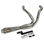 An SP Concepts Lane Splitter Exhaust Sportster 2014-2022 (stainless) motorcycle is parked in a garage.