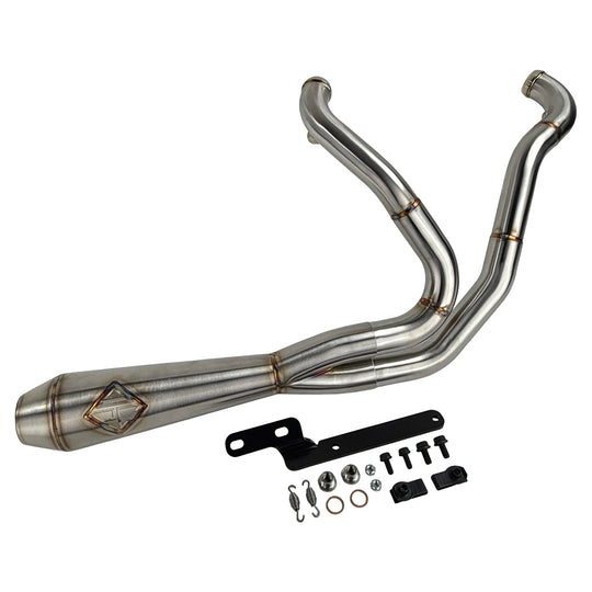 An SP Concepts Lane Splitter Exhaust Sportster 2014-2022 (stainless) motorcycle is parked in a garage.