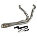 An SP Concepts Lane Splitter Exhaust Sportster 2014-2022 (stainless) motorcycle is parked in a garage.