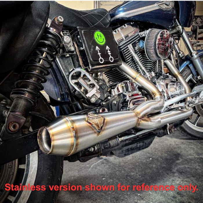 A SP Concepts Lane Splitter Exhaust Dyna 1999-2005 (Black) is sitting on a table.
