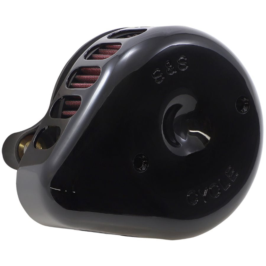 A black S&S Cycle Mini Teardrop Stealth Air Cleaner Kit For Harley EFI Big Twin 2001-2017 on a white background.