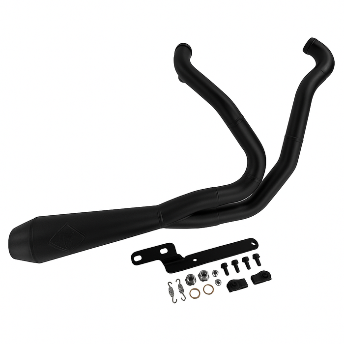 SP Concepts Exhaust System components for 2014-2022 Harley-Davidson Sportster, including stainless steel pipes, fasteners, and brackets, are shown both separately and installed on a motorcycle.