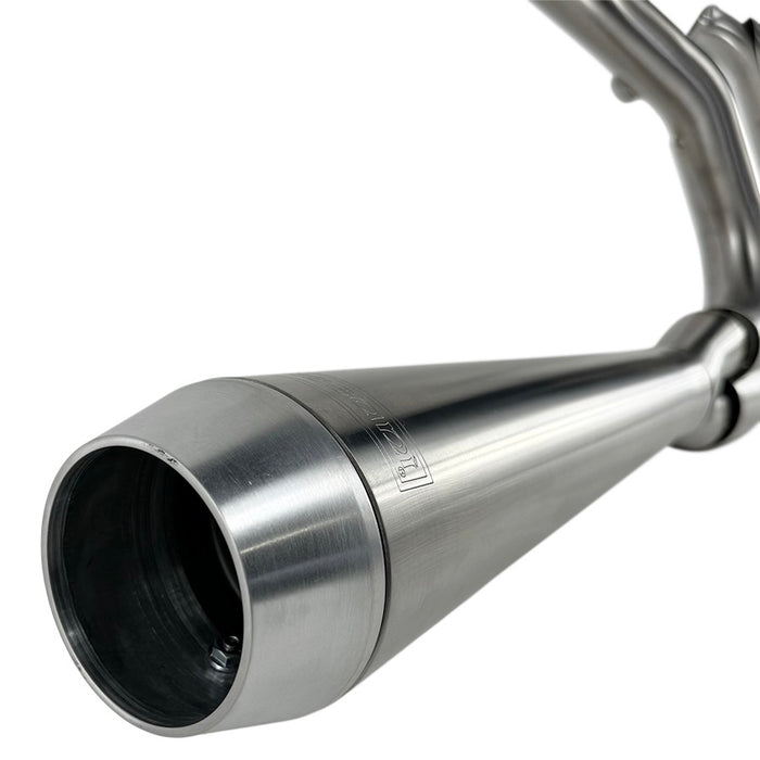 Harley-davidson softail with Bassani stainless exhaust and a Megaphone-style muffler body, perfect for those seeking the Road Rage III 2-into-1 Stainless Exhaust 18-24 FXBB/FXLR/FXFB/FLSL/FXLRS/FXFBS, 20-24 FXST experience.