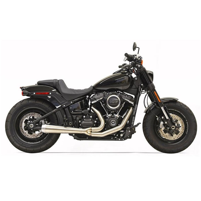 Harley-davidson softail with Bassani stainless exhaust and a Megaphone-style muffler body, perfect for those seeking the Road Rage III 2-into-1 Stainless Exhaust 18-24 FXBB/FXLR/FXFB/FLSL/FXLRS/FXFBS, 20-24 FXST experience.