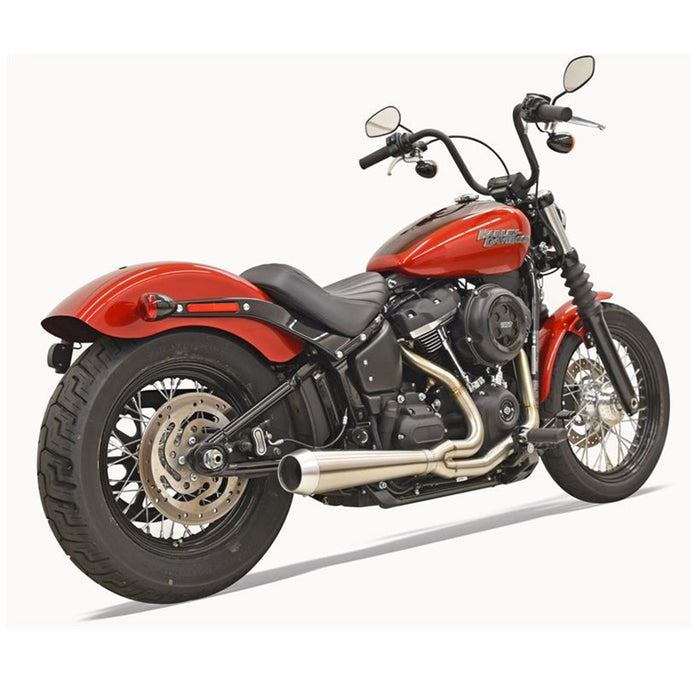 Harley-davidson softail with Bassani stainless exhaust and a Megaphone-style muffler body, perfect for those seeking the Road Rage III 2-into-1 Stainless Exhaust 18-24 FXBB/FXLR/FXFB/FLSL/FXLRS/FXFBS, 20-24 FXST experience.