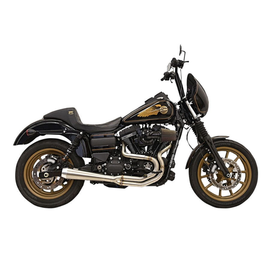 A black and gold motorcycle on a white background featuring the Bassani Greg Lutzka Stainless 2-into-1 Exhaust.