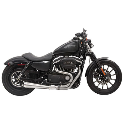 A Harley Davidson Sportster motorcycle with a Bassani Road Rage III 2-into-1 Stainless Exhaust 2004-21 Sportster w/mid controls on a white background.