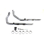 A chrome-finished MCM Sportster Drag Pipe Set w/Heat Shields - 2014-UP Models exhaust kit for a Harley-Davidson, including heat shields.