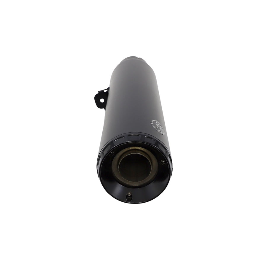 A black S&S 4-1/2" Grand National Slip-On Muffler Harley Nightster RH975 2022-UP exhaust pipe on a white background.
